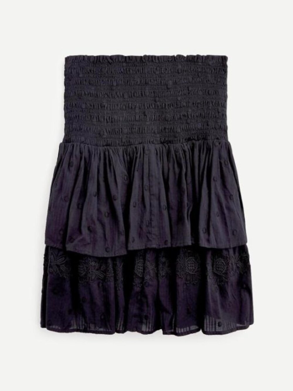 J.Crew Smocked Tiered Ruffle Mini Skirt Black Embroidered Eyelet Swiss Dot Size